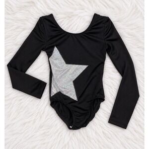 More Than Magic Girls Leotard XS 4/5 Black Long Sleeve Silver Holographic Star